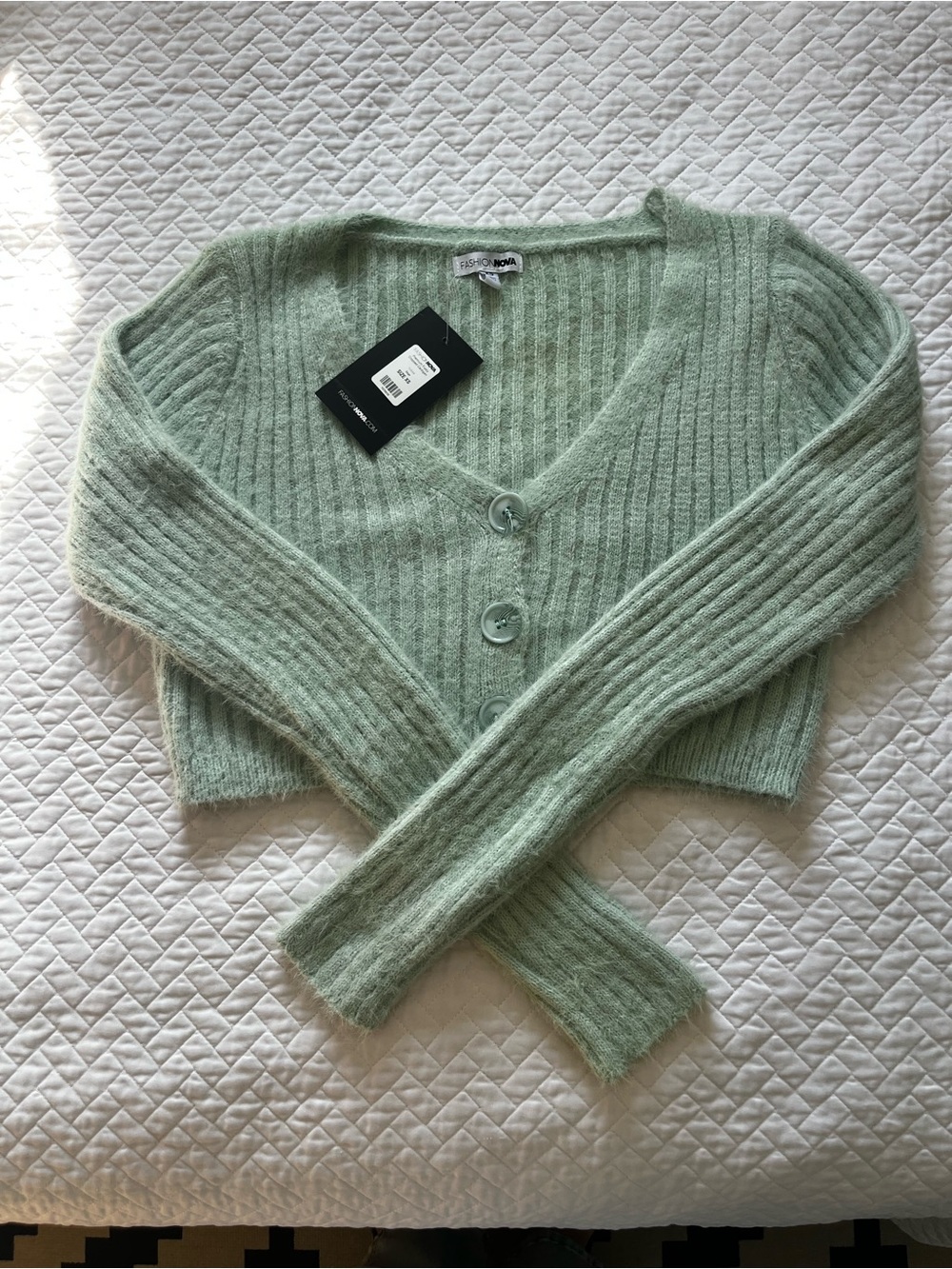 Fashion Nova Light Green Ribbed Fuzzy Crop Cardiagan